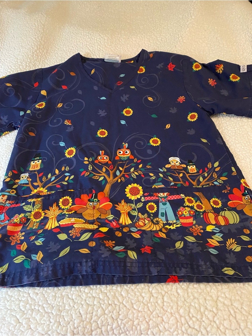 UA Scrubs Navy Top with Autumn Floral and Pumpkin Motif size small - Picture 2 of 9